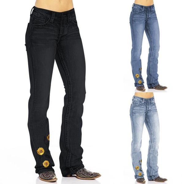 

women's jeans fashion embroidery printing pocket hole casual party elastic force long pants splice skinny, Blue