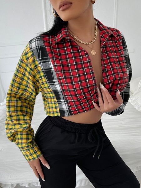 

colorblock plaid print button up crop blouse m1j6#, White