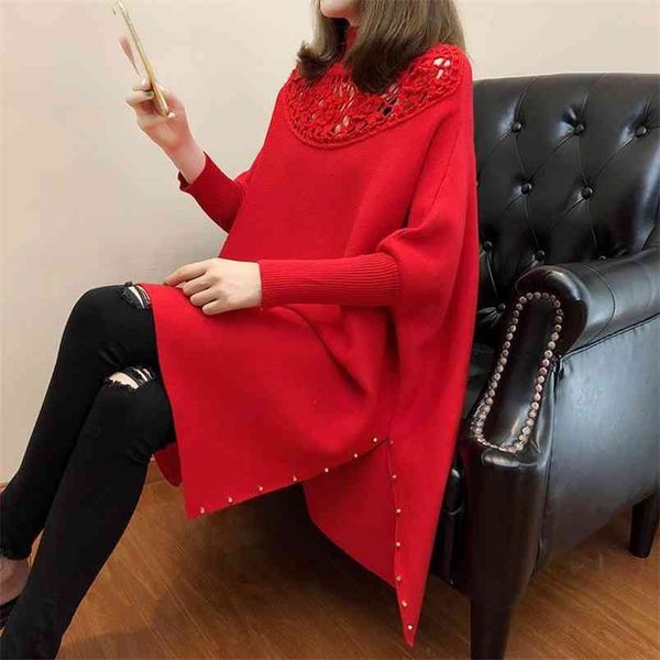 

mid-length female blouse ins super fire large size women's shawl autumn and winter bat shirt cape coat 210427, White;black