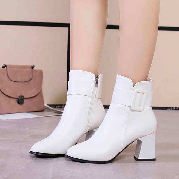 

boots thick black white heels high ankle boots women pointed toe to keep elegant short booties buckled decoration lo9x