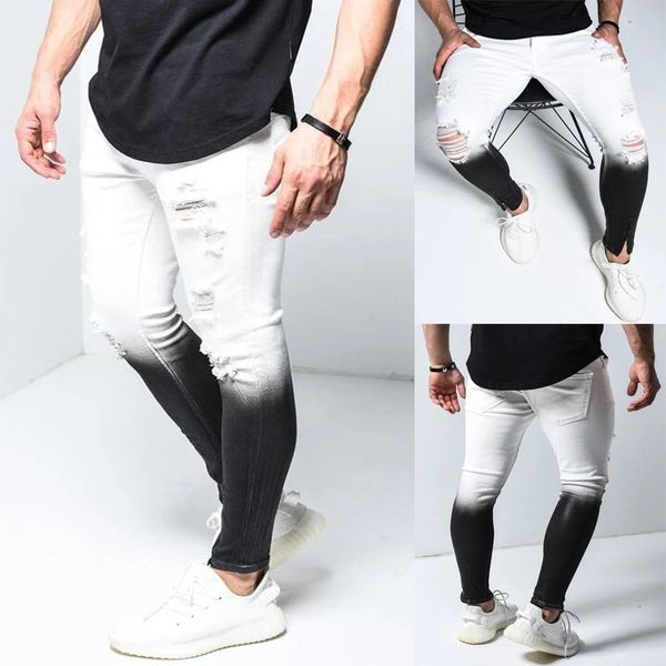 Gradiente cor rasgado homens casuais fina fina fit homens skinny calças de brim homme marca motociclista hip hop zipper denim calças calças 210330