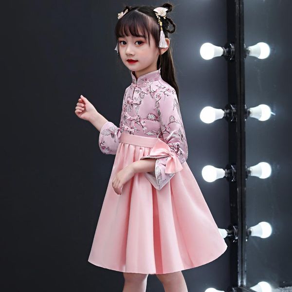 

ethnic clothing autunm children lovely chinese qipao bow mandarin collar vintage button kids embroidery princess dress girls cheongsam, Red