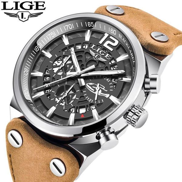 

wristwatches lige watches men quartz watch fashion chronograph reloj hombre sport clock male hour relogio masculino 2021, Slivery;brown