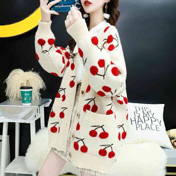 

women's fur & faux tigena women's large coat with cherry prints, long-sleeve, long-sleeve cardigan knitted for autumn and winter o, Black