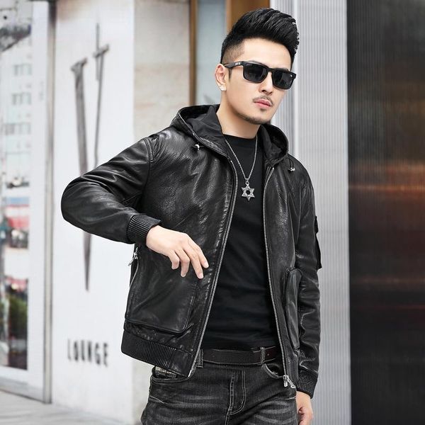

men's leather & faux high-end 100% genuine sheepskin jackets autumn spring fashion black hooded jacket chaquetas hombre gmm592