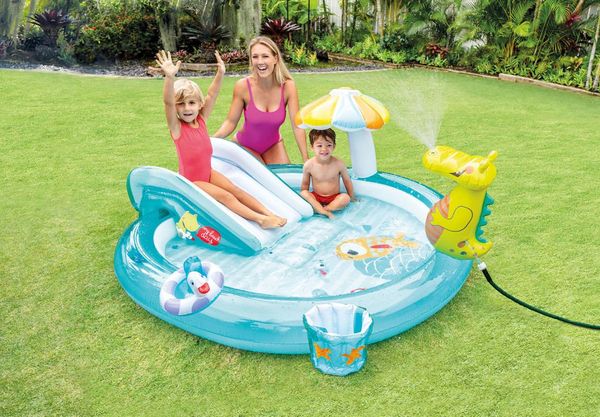 

inflatable folding summer swimming pool crocodile slide water spray park family wading toy for child life vest & buoy