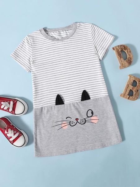 

toddler girls cartoon and striped tee dress she, Red;yellow