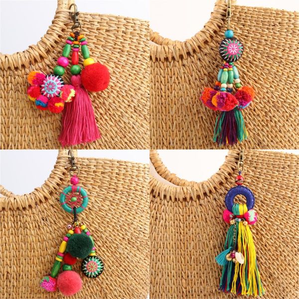 

1pc Flower Charms Keychains Wooden Beads With Pompom Keyring Colorful Jewelry Boho Style