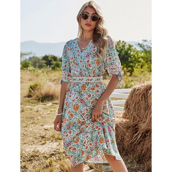 

beach style a-line floral bow bandage dress women casual v-neck knee-length boho elegant half sleeve dresses, Black;gray