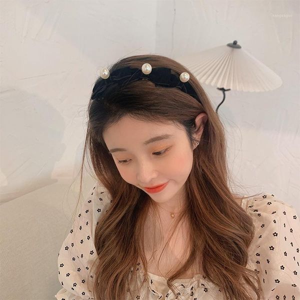 

korean women elegant three velvet bows pearls hairbands sweet hair ornament headband hoops fashion accessories1