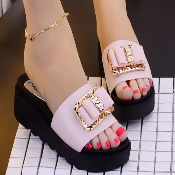 

summer fashion metal buckle bow high heels slippers outdoor thick bottom wedge beach sandals., Black