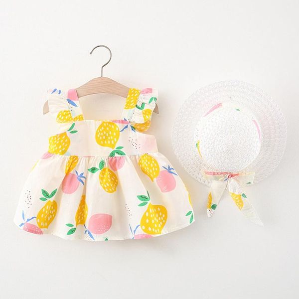 

girl's dresses baby girls flower lemon dress princess kids sleeveless floral cotton party wedding children summer sundress with hat, Red;yellow