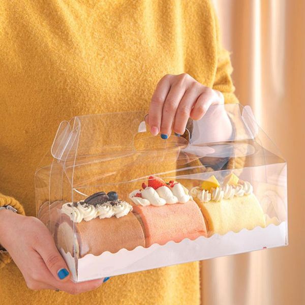 

6pcs transparent cake roll packaging box with tray portable swiss containers dessert holder (long) gift wrap
