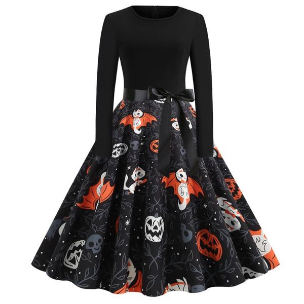 

casual dresses plus size elegant robe printed halloween dress human skeleton women vintage winter o neck party long sleeve vesti, Black;gray