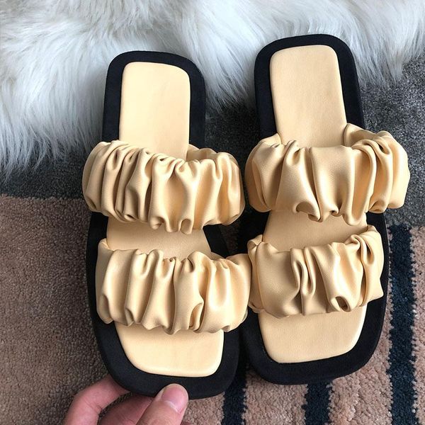 

slippers cozok 2021 square summer beach sandals women's flat-pleated slipper women, Black