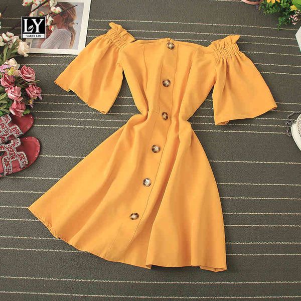 

dresses new summer slash neck off shoulder solid a-line single breasted knee-length flare sleeve dress, Black;gray