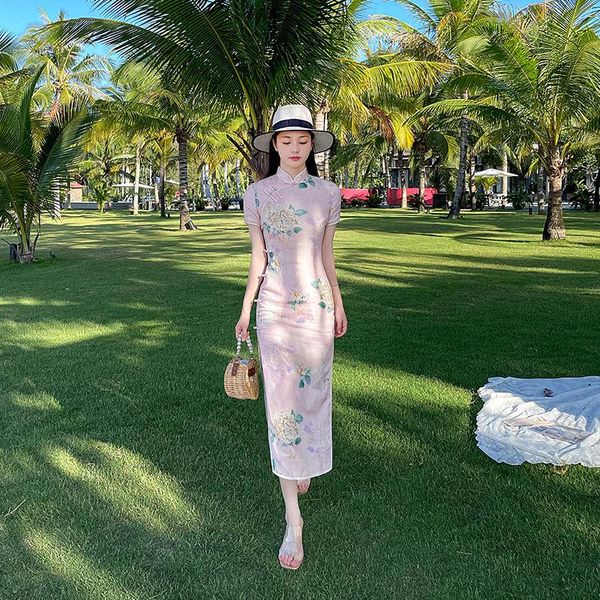 

ethnic clothing mandarin collar women qipao satin print flowers chinese formal party dress retro vintage button cheongsam elegant vesti, Red