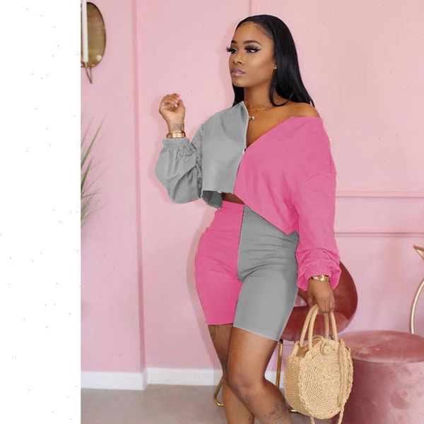 

womens tracksuits fashion two piece set jogging femme color patchwork off shoulder crop pants short sportwear tracksuit women outfits, Gray