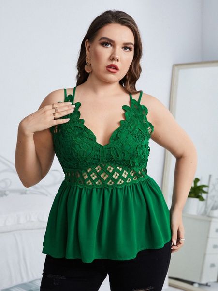 

plus criss cross back guipure lace cami 67rm#, Black