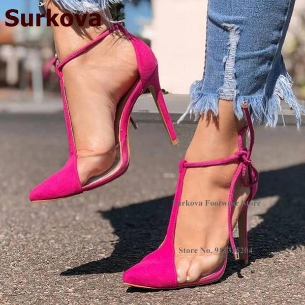 

dress shoes surkova ladies pink suede t-strap high heel clear pvc patchwork lace-up wedding pumps shallow cut pointed toe footwear, Black