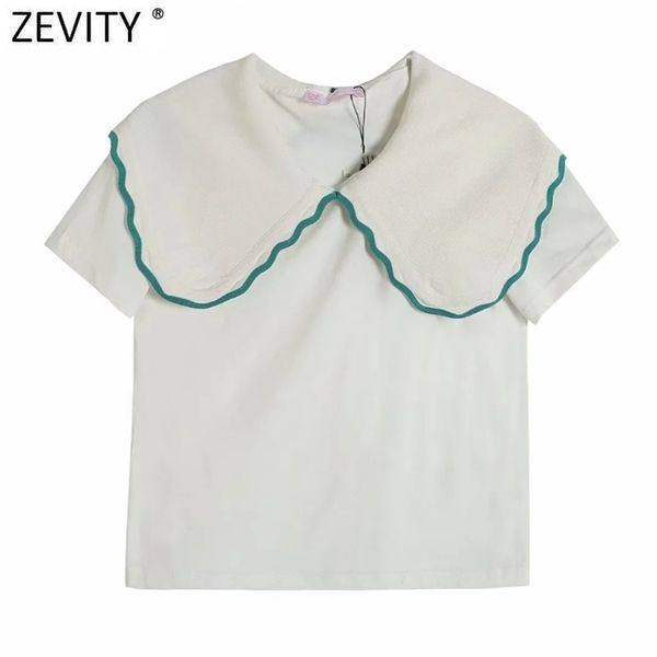 Mulheres Sweet Peter Pan Collar Patchwork Tricô Casual Feminino T-shirt Feminino Chic Manga Curta Verão Tops LS9208 210420