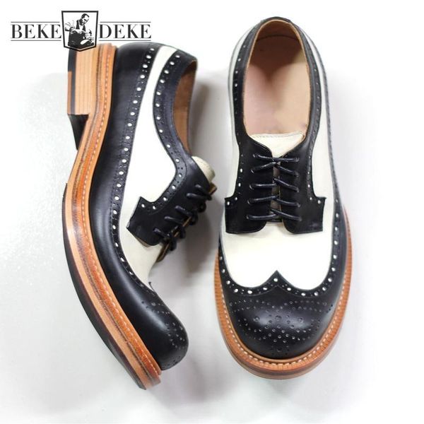 

handmade black white mixed colors vintage carved brogue shoes men party dress lace up cowhide genuine leather oxfords shoe