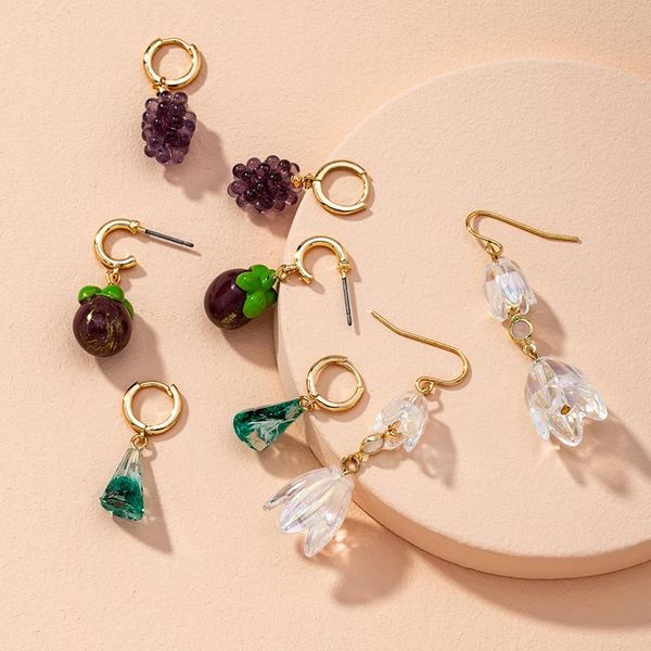

hoop & huggie minar 4 designs cute resin arcylic fruit earrings for women flower grape mangosteen green stone hanging oorbellen, Golden;silver