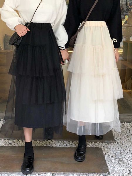 

werueruyu summer autumn high elastic waist mesh long women pleated skirts tiered ruffle flower tulle tutu skirt 210608, Black