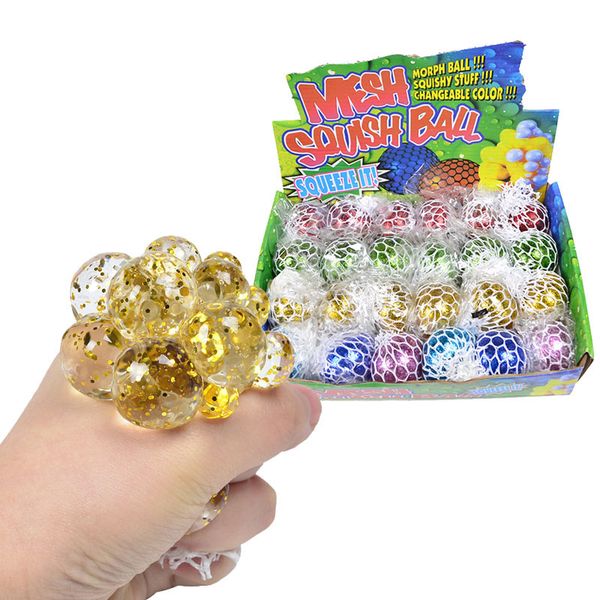 5,0 cm de bola mole Fidget Toy Glitter Glitter Powder Water Bads Mesh malha de uva bola anti estresse Bolas de estresse Alívio de estresse Toys de descompressão Ansiedade