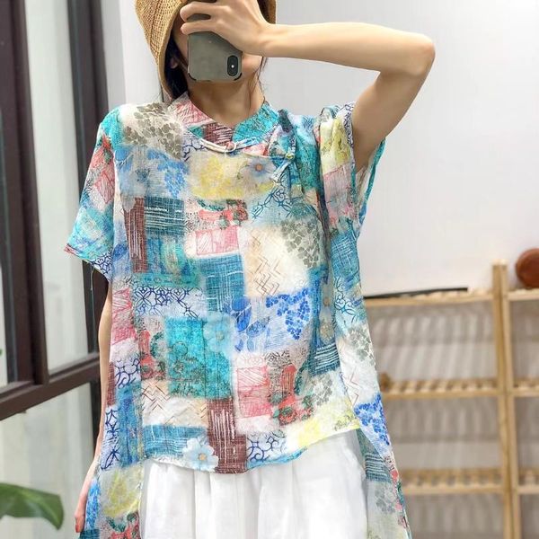 

women's blouses & shirts qpfjqd ladies retro ramie and irregular stand collar 2021 summer autumn print floral long short sleeve, White