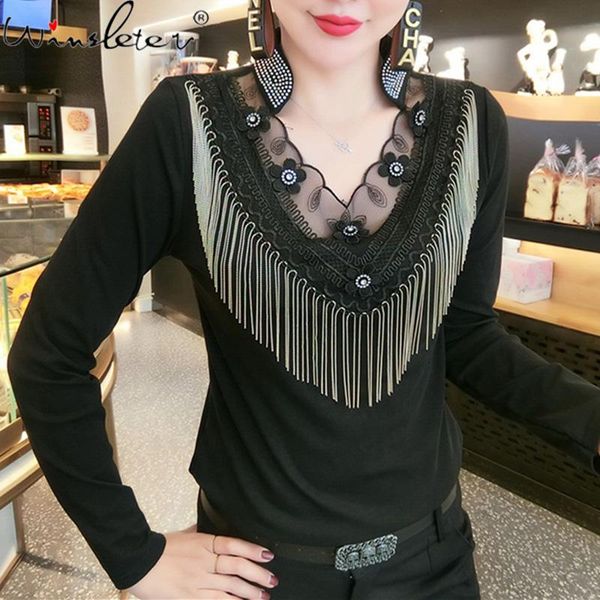 

women's t-shirt spring fall cotton korean clothes girls v-neck diamonds tassels women long sleeve patchwork mesh tees t11908a, White