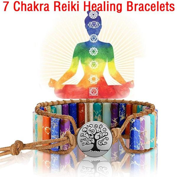 

tennis multicolor 7 chakra natural stone bracelet bohemia handmade tube beads leather wrap yoga couples for woman men, Golden;silver