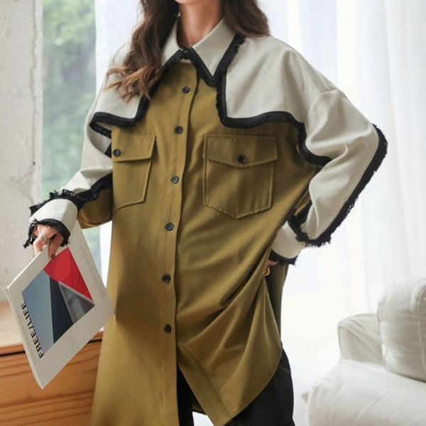 

autumn single-breasted vintage color block patchwork square collar loose slimming mid-length shirt 210522, White