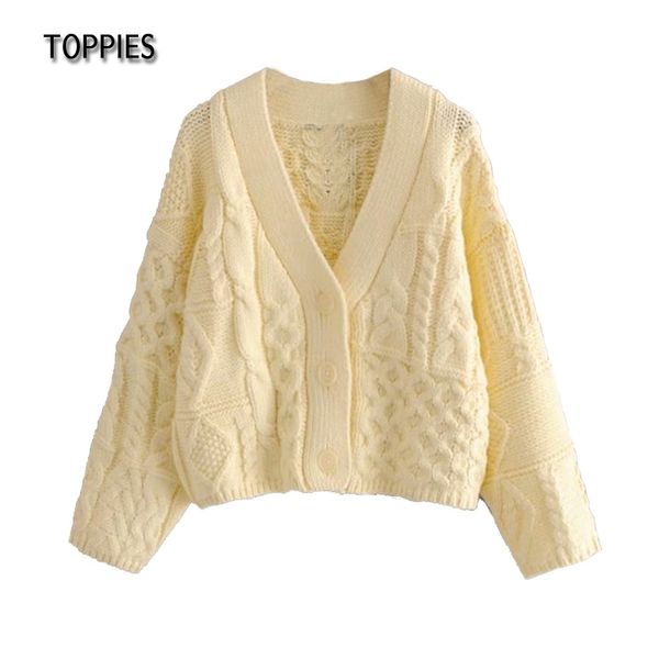Toppies Herbst Gelb Kurze Strickjacke Frauen Pullover V-ausschnitt Jacke Einfarbig Taste Strickjacken 210412