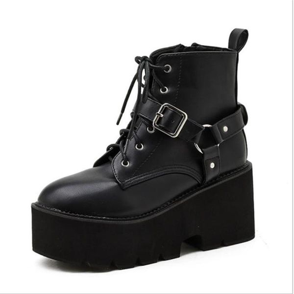 

goth punk buckle strap women ankle boots round toe chunky heels platform ladies shoes summer black lace up short
