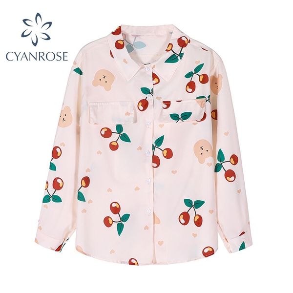 

cherry print womens shirt vintage elegant autumn korean long sleeve button up female clothes loose woman blouses shirts 210417, White