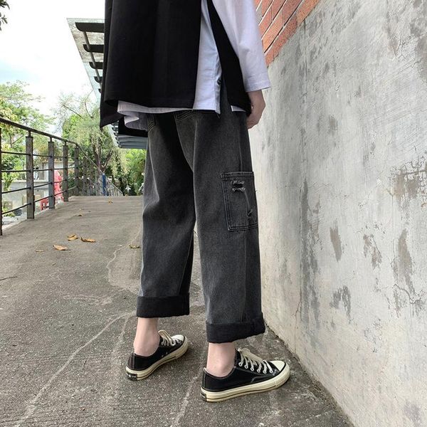 

women's jeans high waisted women street style chic korean college teens denim trouser ankle-length simple distressed bottom female, Blue
