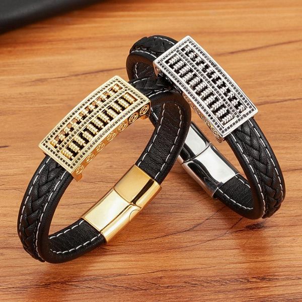 

charm bracelets design ancient abacus black leather men punk stainless steel braided rope bangles for friend crystal jewelry, Golden;silver