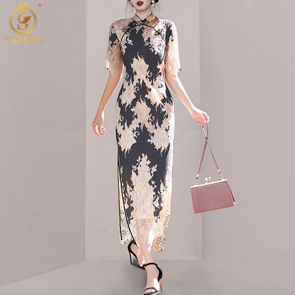 

summer dress cheongsam self-cultivation temperament lace high-end vintage elegant chinese style 210520, Black;gray