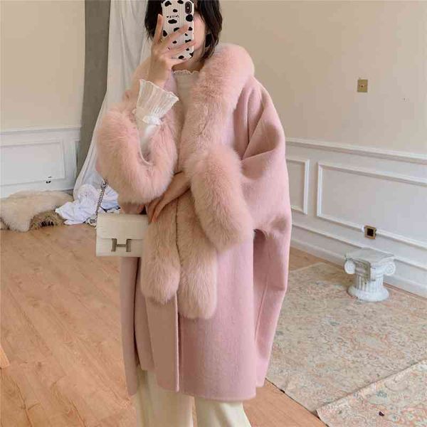 

blends women cashmere coats double side woo lnatural fox fur collar overcoat fashion winter long wool outerwea, Black