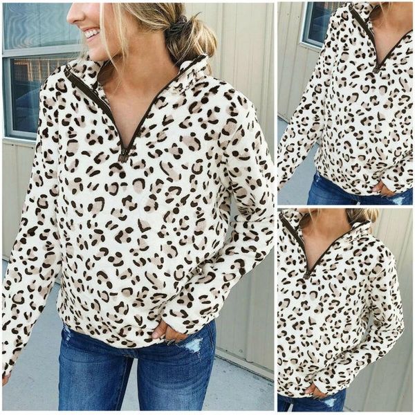 

women's t-shirt fashion women ladies leopard long sleeve t-shirts zipper down turn-down collar loose casual, White