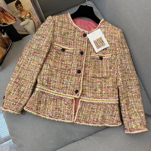 

women's jackets fashion fancy yarn tweed jacket women colorful coat o-neck silk liner high-street outerwear lady 2021 autumn, Black;brown