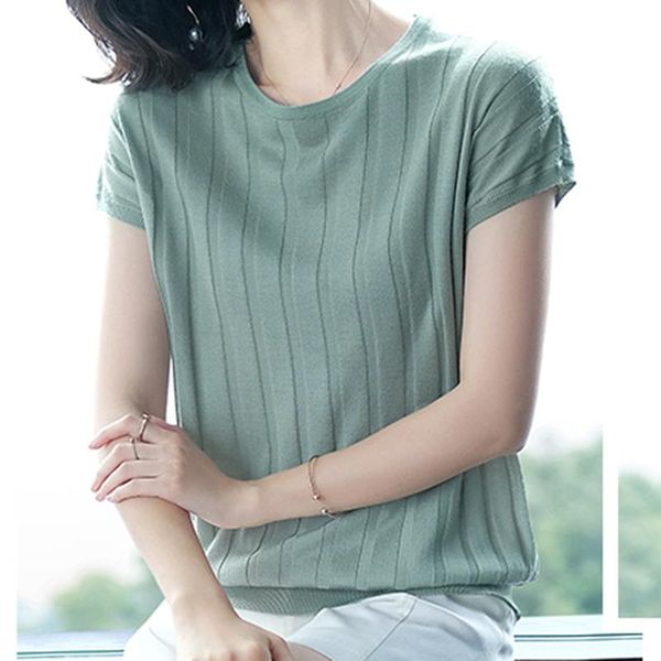 

women's t-shirt ljsxls summer knitted short sleeve pullovers women tshirts solid o-neck elasticity tshirt green elegant female clothes, White