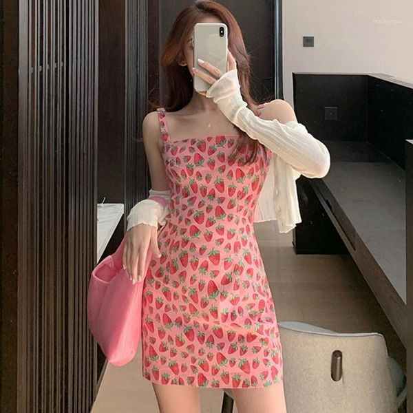 

casual dresses women's strawberry sleeveless dress printed bag hip waist slimming suspender clothes sweet style wonderful gift square c, Black;gray