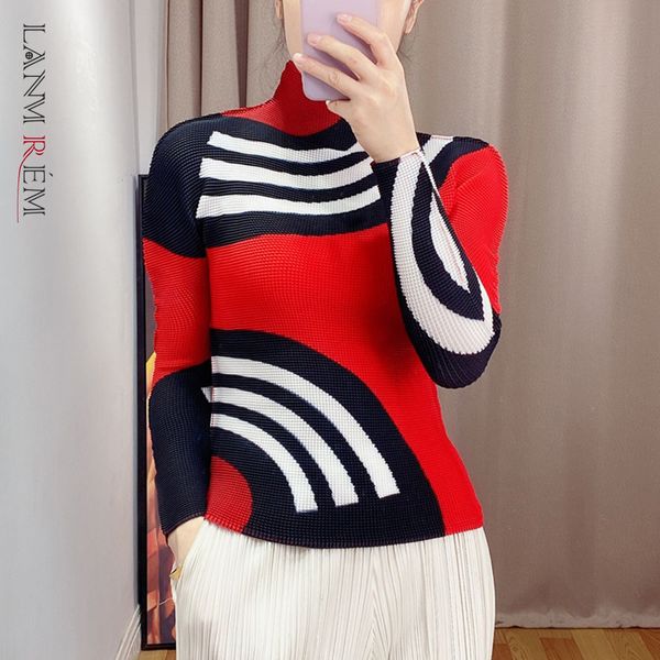 

women blue patchwork pleated big size t-shirt turtleneck long sleeve lady fashion tide spring autumn 2e1770 210507, White