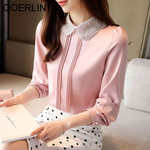 

qoerlin chiffon shirt female doll collar beaded blouse ol temperament shirt long sleeve back button blouse pullovers plus size 210416, White