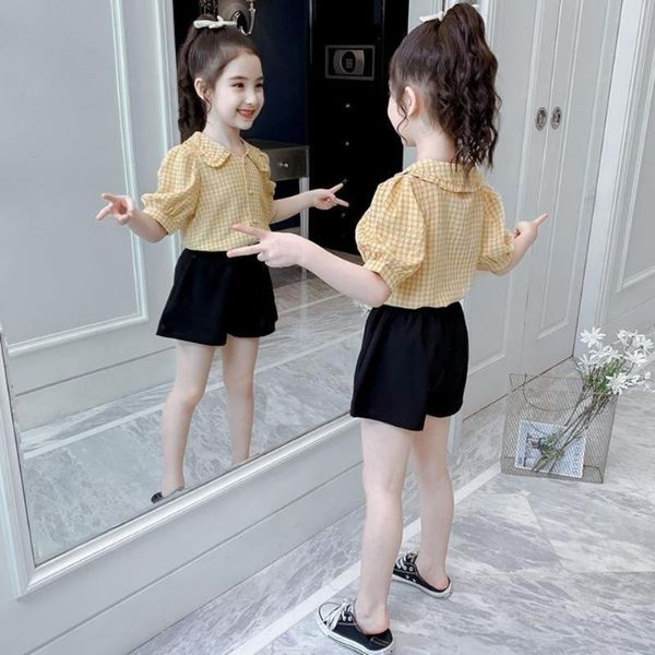 

summer infant toddler kids baby girls 2pcs set short sleeve clothes plaid shirt and shorts outfits suit p03 clothing sets, White