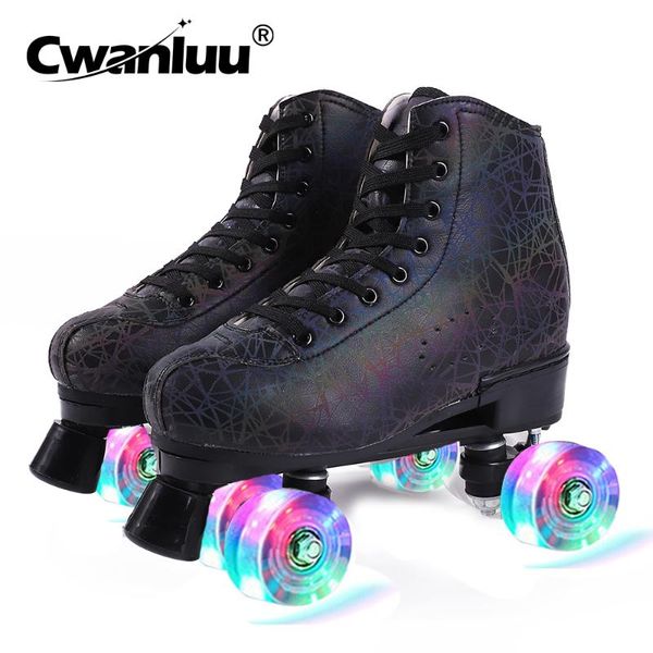 

inline & roller skates 3d black printing quad sneakers woman man children 4-wheels microfiber leather skating shoes patines europe 35-45