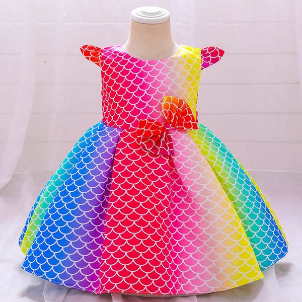 

1st birthday dress for baby girls dresses kids clothes children princess rainbow bow performance formal clothing b8109, Red;yellow