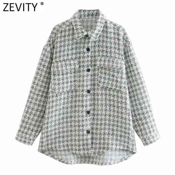 

zevity women vintage houndstooth plaid woolen coat femme long sleeve double pockets patch casual jacket chic ct626 210419, Black;brown